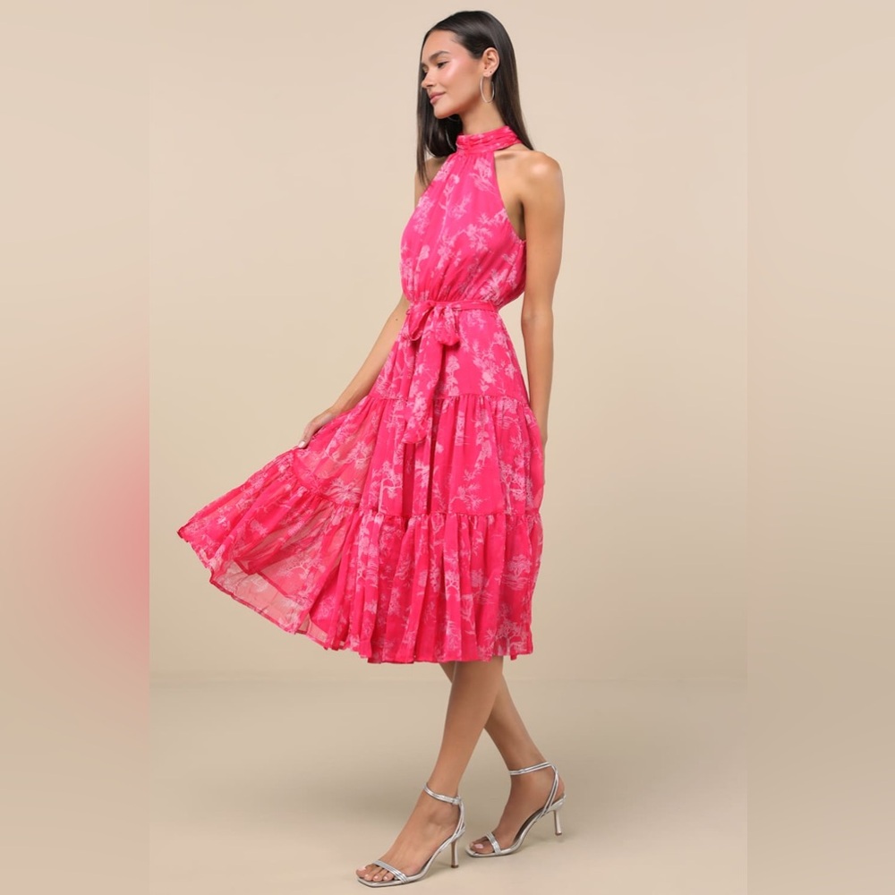 Lulu's Hot Pink Floral Tiered Halter Dress